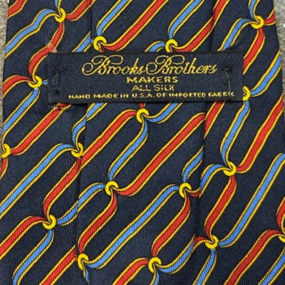 BROOKS BROTHERS Makers Silk Tie Navy With Red and Blue Ribbons With Gold Rings - Picture 2 of 5